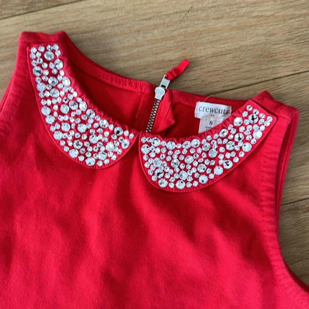 Crew cut, red sleeveless, cotton, embellished collar holiday dress. Sz 8